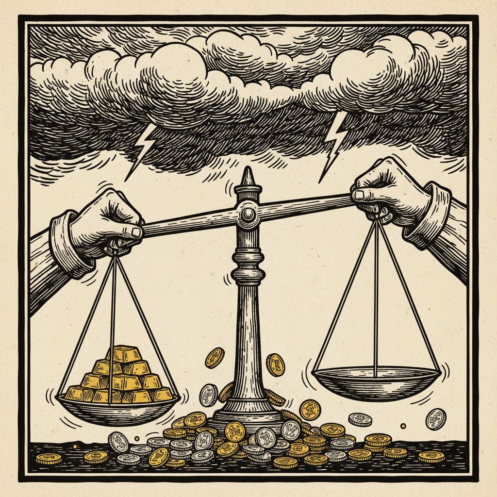 Woodcut illustration for article: Commodity Liquidation Spiral Tests Precious Metals Support