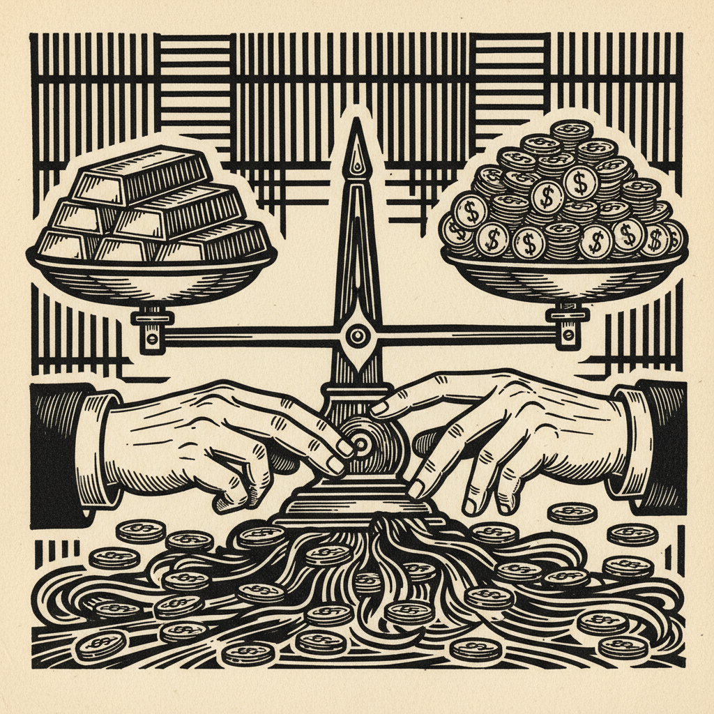 Woodcut illustration for article: Gold investors face critical crossroads as 2026 unfolds