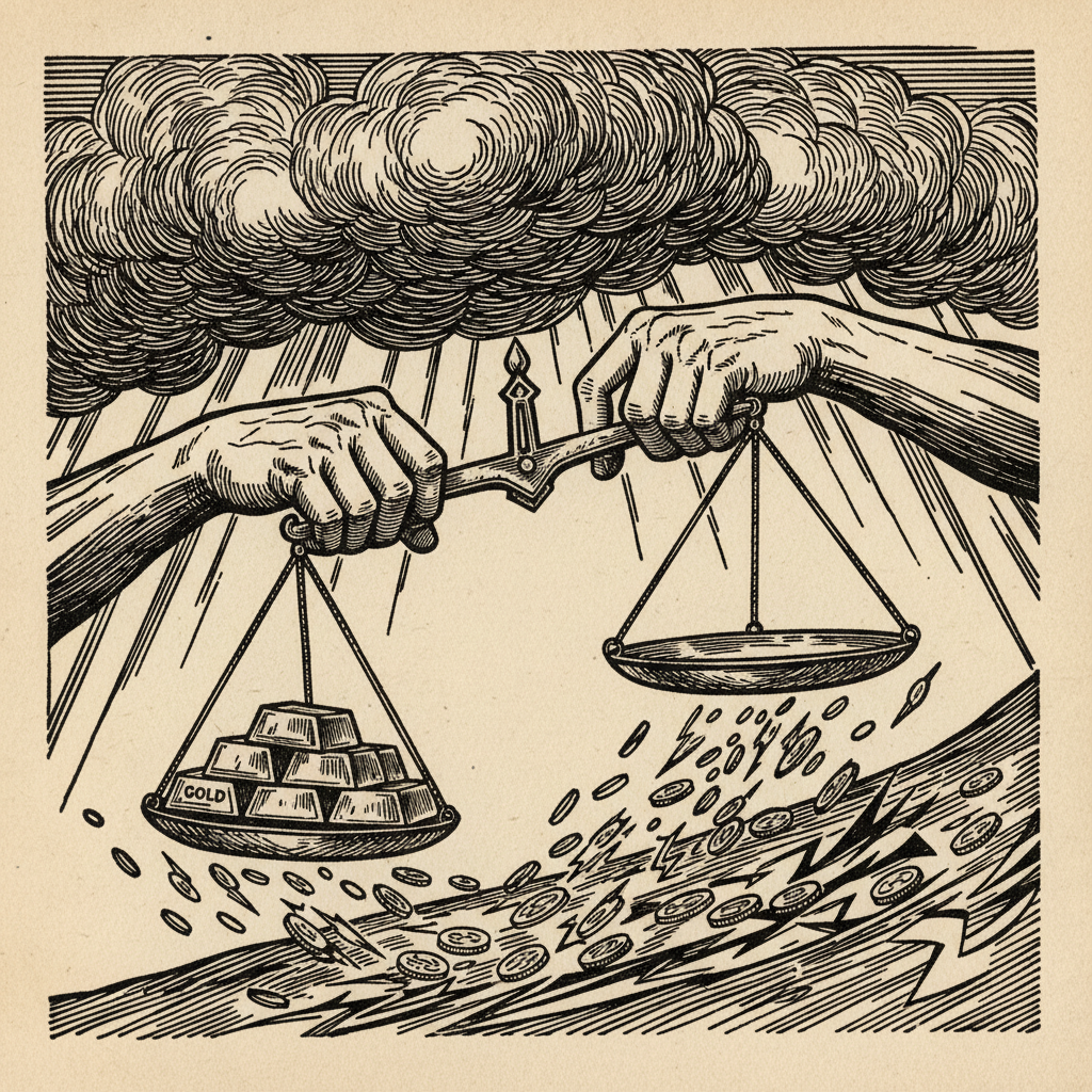 Woodcut illustration for article: Gold Steadies After Warsh Fed Nomination Triggers Sharp Selloff