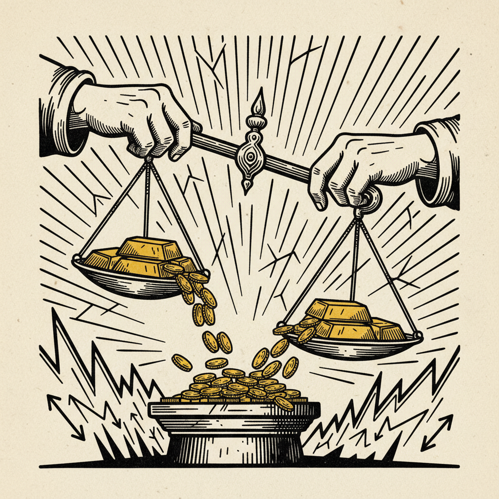 Woodcut illustration for article: Gold's fever breaks as metals give back gains in sharp reversal