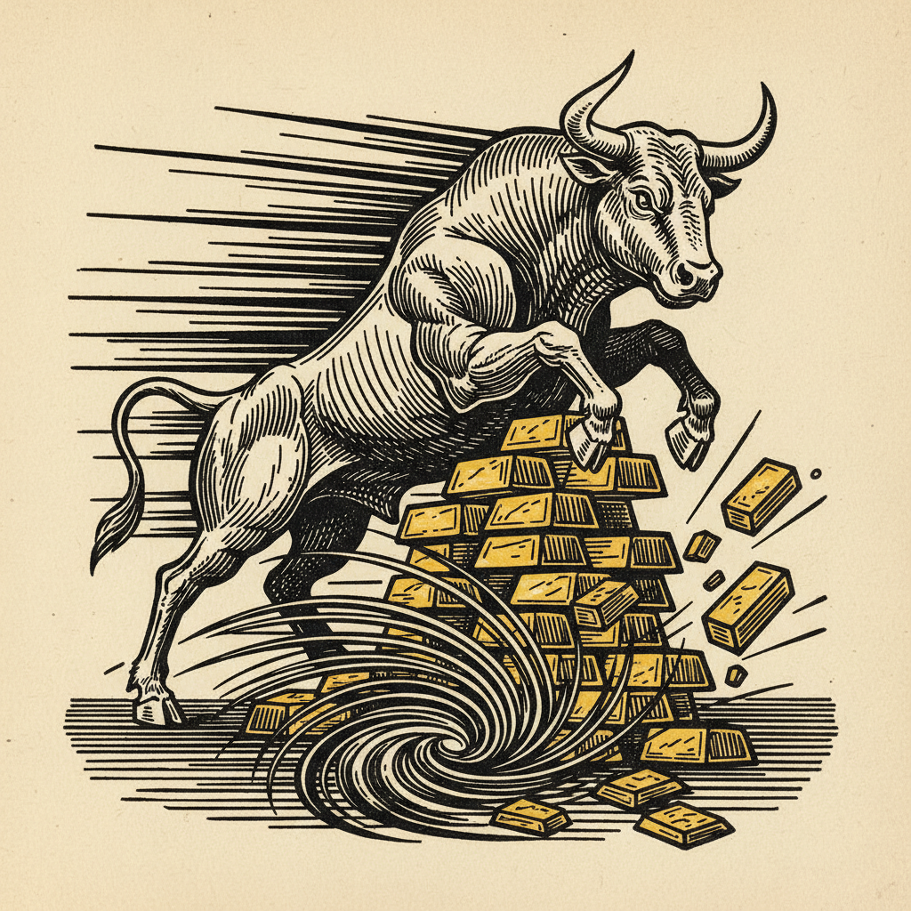 Woodcut illustration for article: Gold's Record Rally Faces Its First Real Headwind