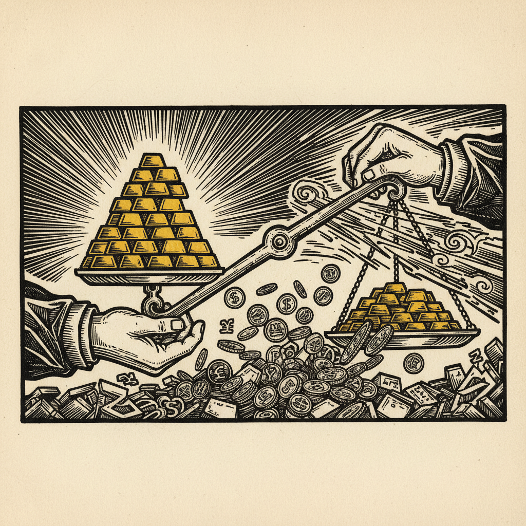 Woodcut illustration for article: Gold's record run hits turbulence as market forces collide