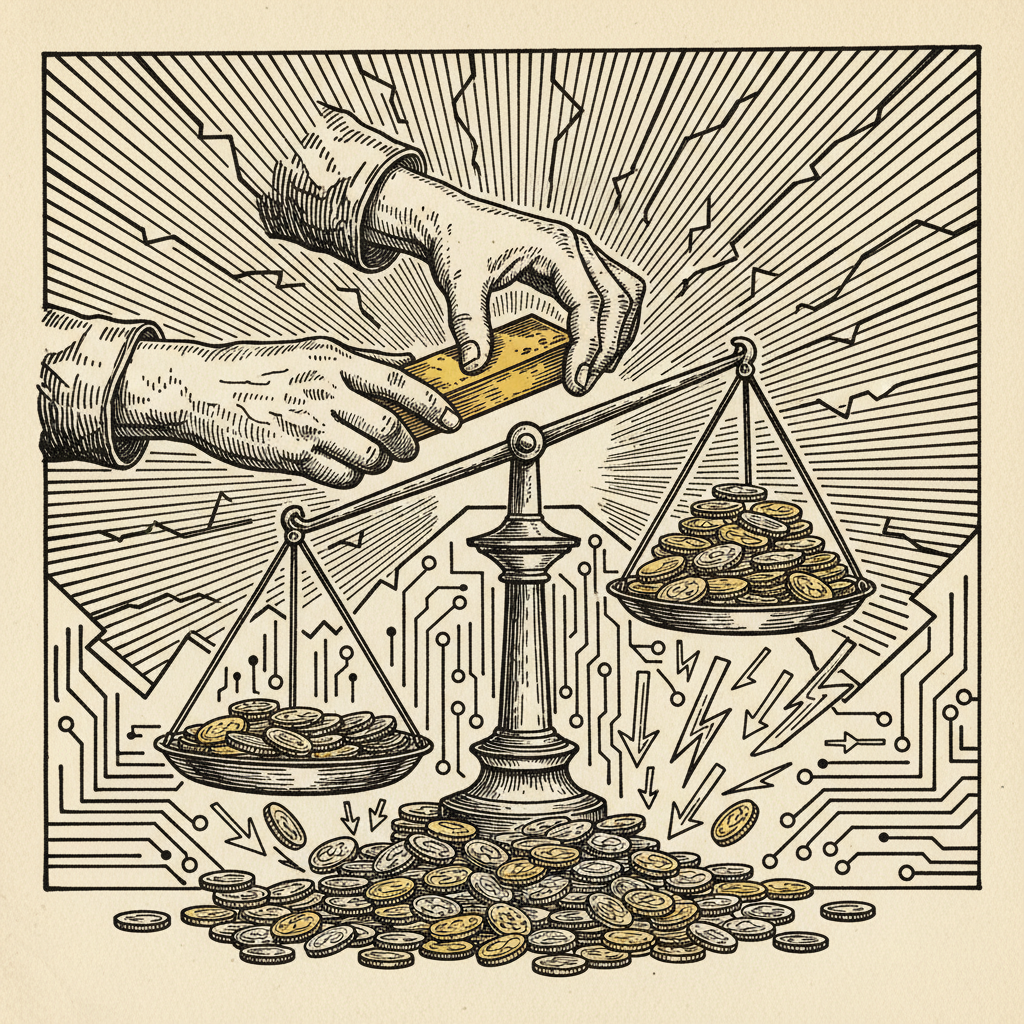 Woodcut illustration for article: Precious metals whipsaw reveals the danger of chasing records