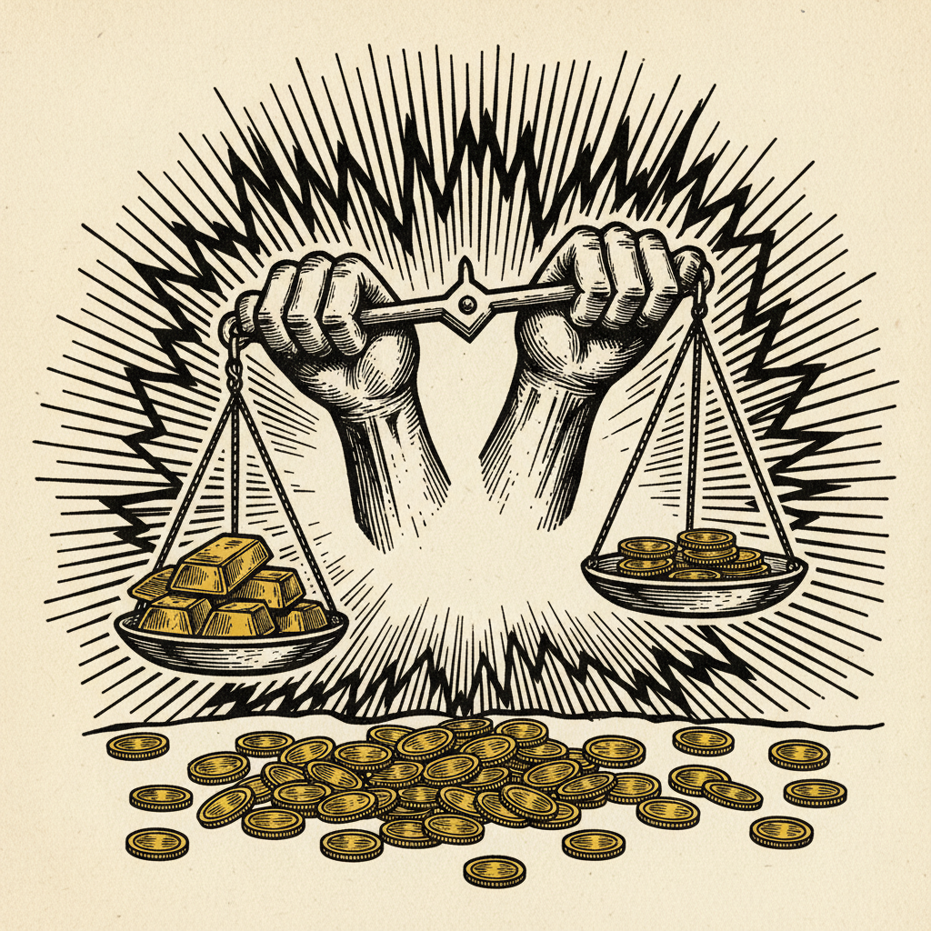 Woodcut illustration for article: Retail gold buyers flood back as volatility spikes