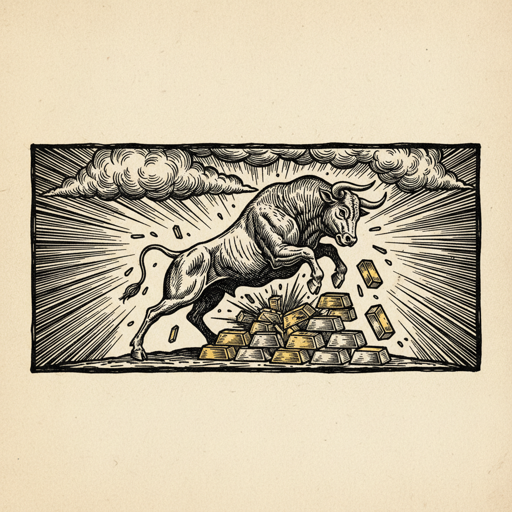 Woodcut illustration for article: Why the Gold and Silver Crash Matters More Than the Rally