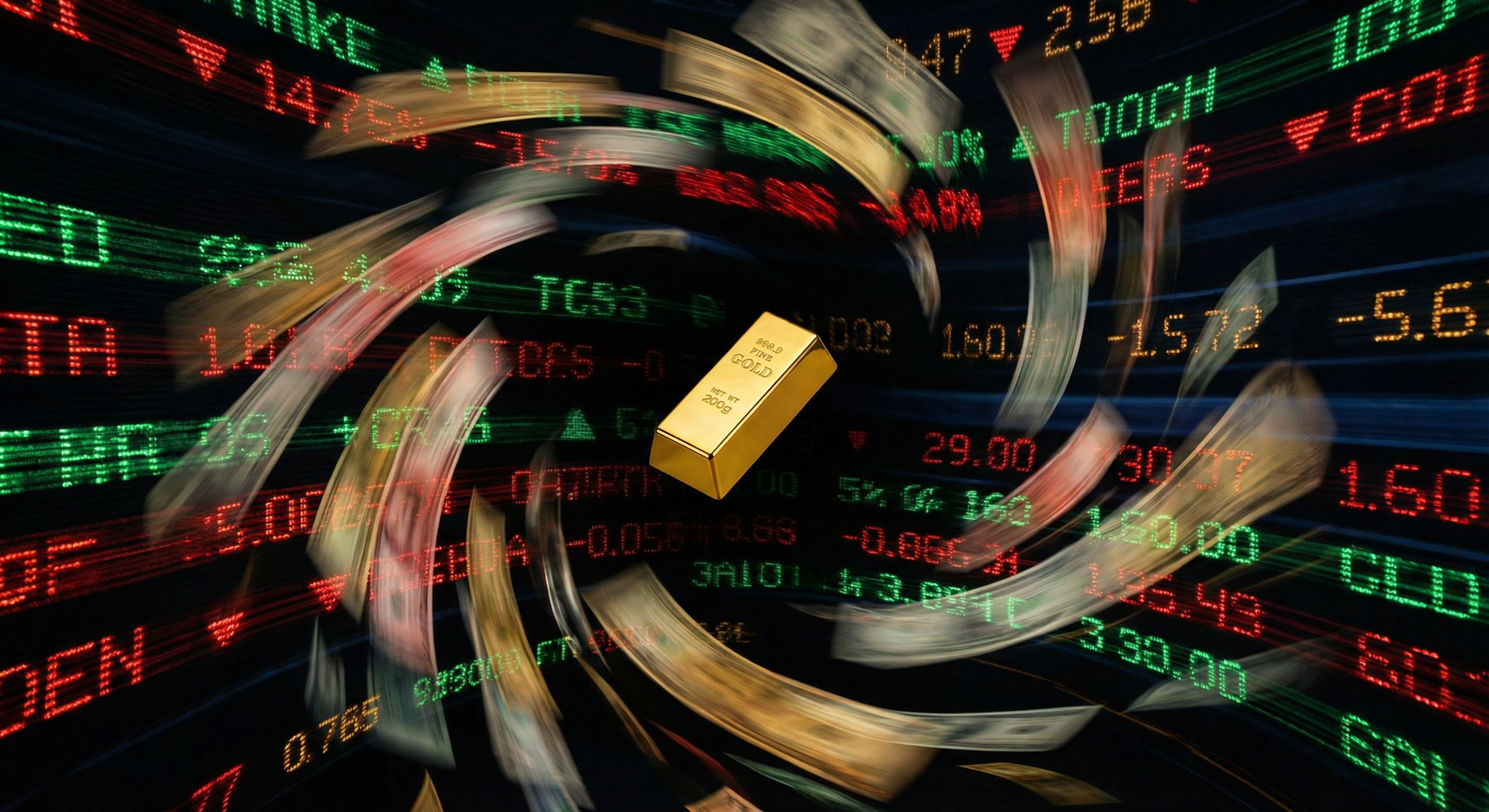 A solid gold bar suspended motionless amid swirling market chaos