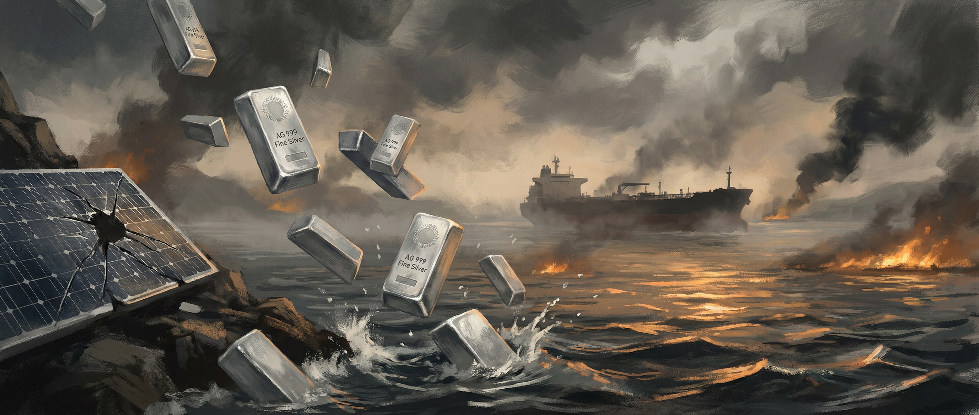 Silver bars scattered in water with a tanker ship in a strait shrouded in smoke